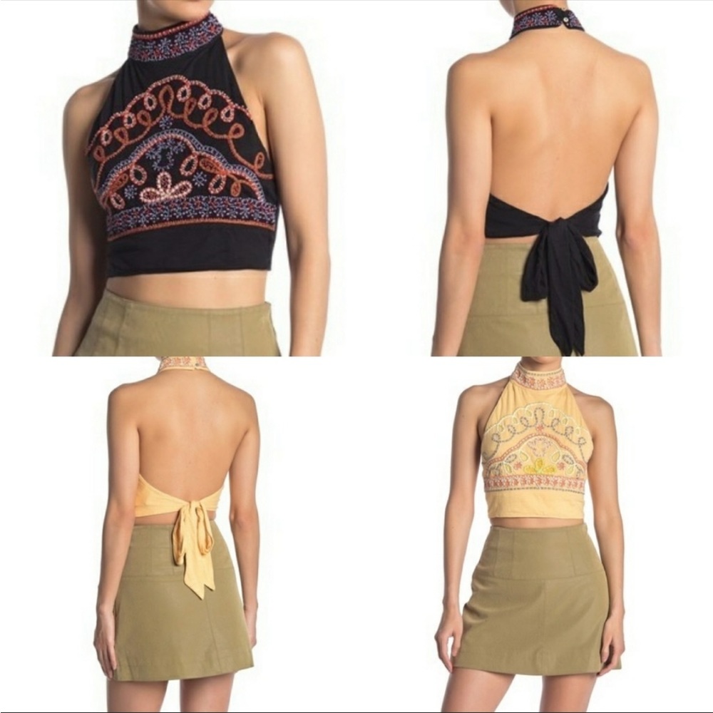 Free People GOA Embroidered Halter Crop Tops